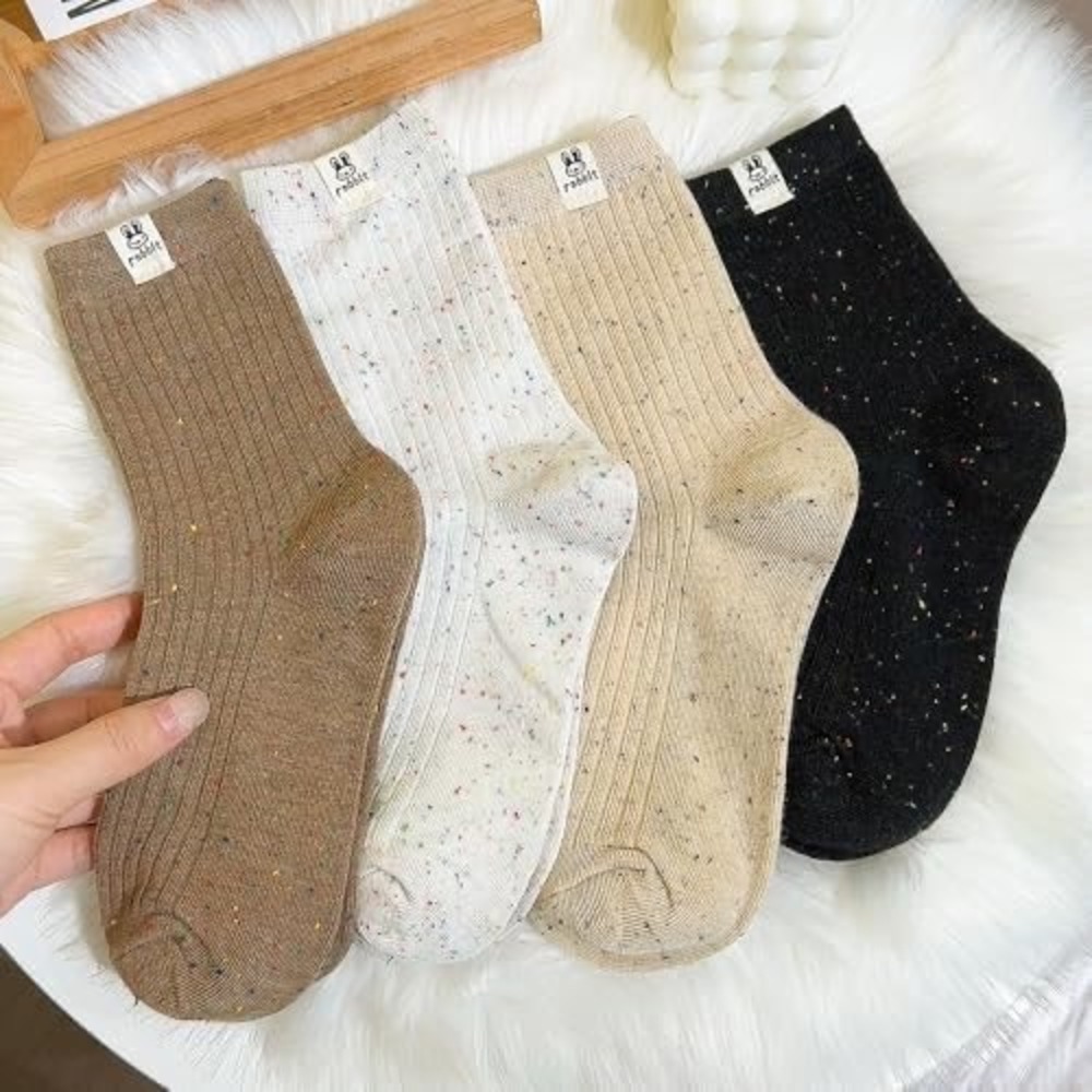 Rabbit 4 Pair Confetti Speckled Ribbed Crew Socks Set Neutral Multicolor New